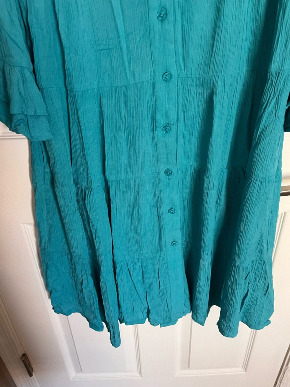 Chico's Teal Button Tiered V-Neck Cotton Spandex Dress Pockets NWOT Sz 1 Medium - Picture 3 of 9